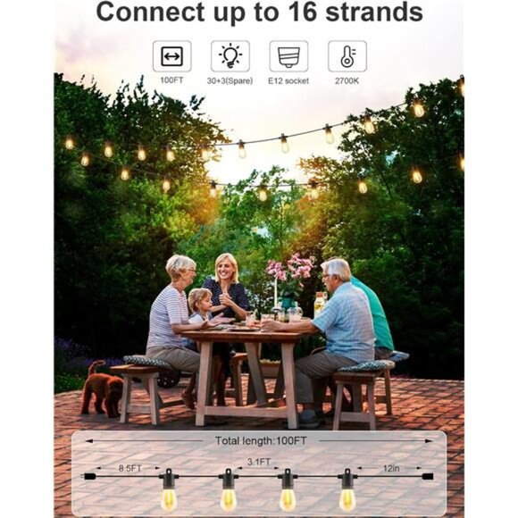 Outdoor String Lights 100 FT, Patio Light for Outside with Shatterproof Bulbs - Picture 3 of 7